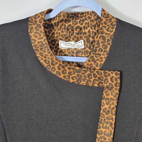 Simonton Says 1X Black Knit Jacket Leopard Trim Open Front Statement Collar - Picture 11 of 15